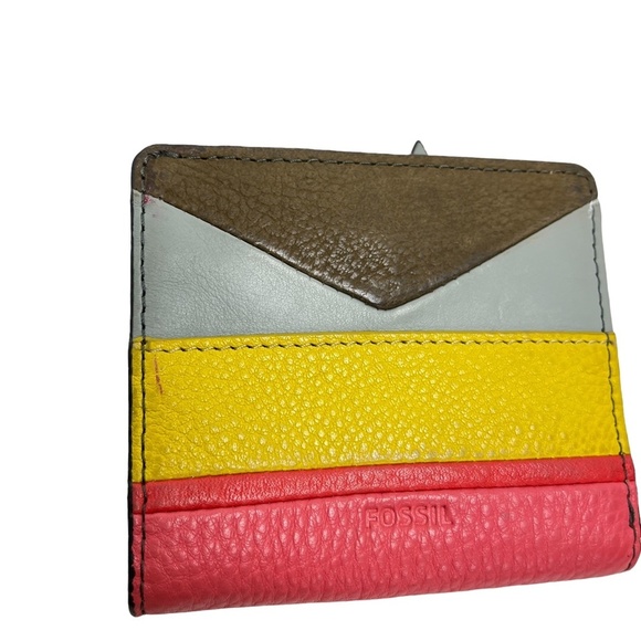 FOSSIL Genuine Leather Gray Pink Yellow Bi-Fold Wallet Coin Purse Cash Holder - Picture 3 of 16